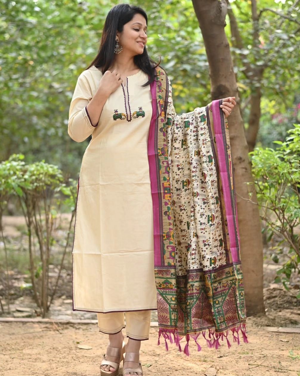 Women embroidered aline kurta pant dupatta set