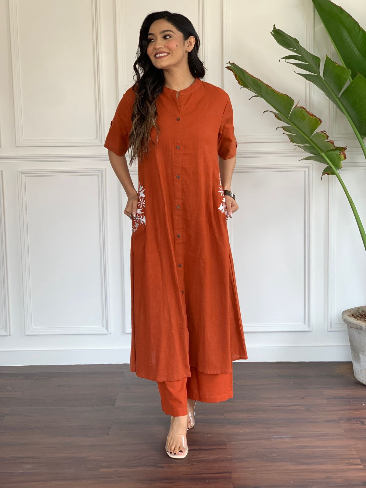 Premium cotton slub Aline kurta plazo suit set.