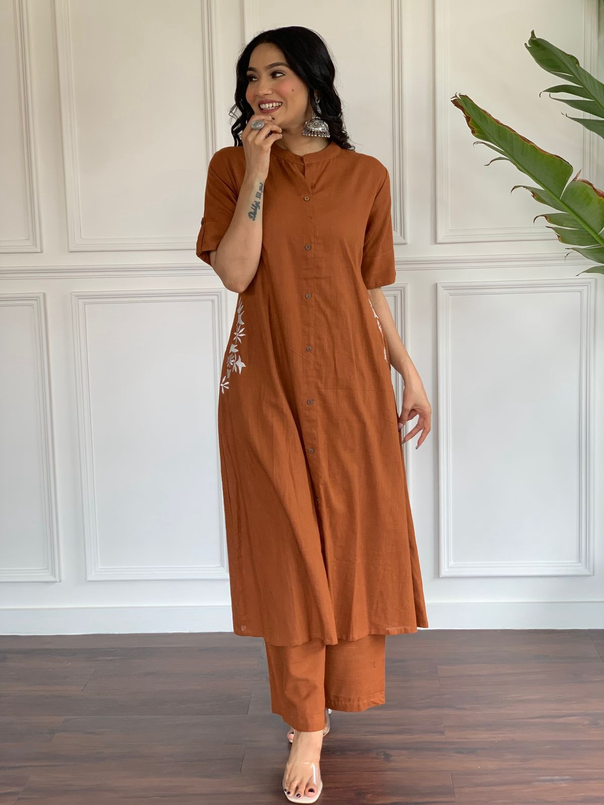 Premium cotton slub Aline kurta plazo suit set.