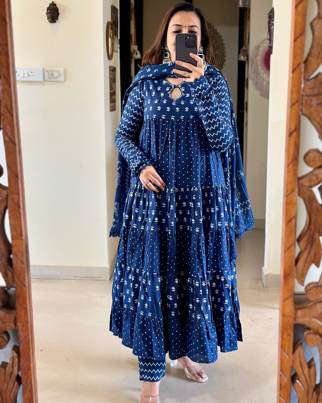 Anarkali Cotton Indigo Blue Color Kurta Set with Hand Work