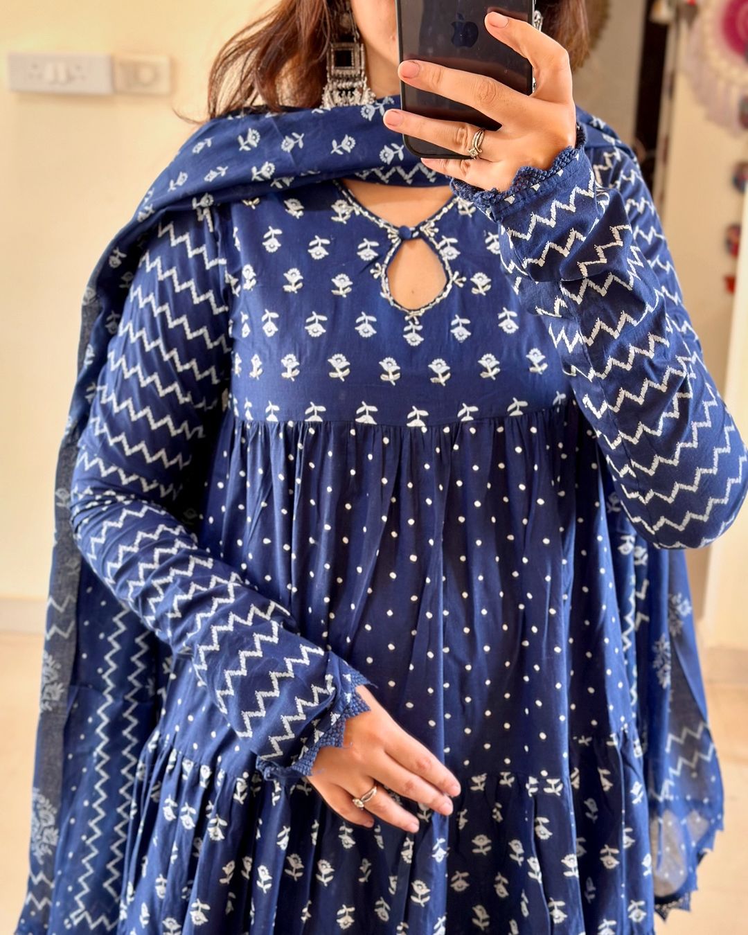 Anarkali Cotton Indigo Blue Color Kurta Set with Hand Work