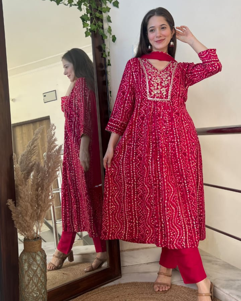 Anarkali Bandej Print Kurti Pant Set